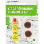 Kit réparation pour Chambre à air SHAK comprenant 4 rustines de diamètre 20mm et 1 rustine de 45x25mm, avec colle et abrasif