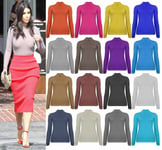 Womens Ladies Ribbed Polo Turtle Roll Mock Neck Long Sleeve Cotton Jumper Tops