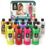 Arteza Peinture Tempera pour enfants qualité supérieure, 400 ml, 16 couleurs riches et opaques, néon, métallique, scintillantes et couleurs standards avec bouteille facile à presser et bec verseur