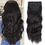 4PCS Clip in Long Soft Glam Waves Tjocka Hairpieces 16 tum Naturlig Svart Brun Hårförlängningar Syntetisk Fiber Dubbel Inslag Hår för Kvinnor Fullt Huvud