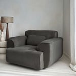 Fauteuil velours côtelé gris foncé. lignes arrondies. coussin fourni. Wallas. L 116 x P 97 x H 73cm