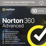 Norton 360 Advanced 2025 | 10 Devices and ‎12 Month Subscription ‎‎Automatic Renewal, Includes Identity Resoration Support, Social Media Monitoring & VPN, PC/Mac/iOS/Android |Activation Code by email