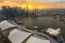 Bides eye view of Singapore cityscape around marina bay sand  and CBD building at sunset time