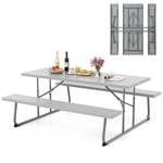 Costway Ensemble Table Et Bancs De Pique-Nique Pliable, Ensemble Meuble De Jardin Avec Cadre Métallique, Trou Pour Parasol, Noir