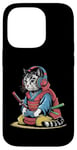 Coque pour iPhone 14 Pro Japon Kawaii Cat Samurai Casque Casque Manette de Jeu Vidéo