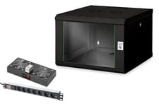 DIGITUS Set: Armoire réseau 19" 7U + Ventilateur de Toit + Bloc multiprise 7 Ports // Rack 19 Pouces - Montage Mural - 600mm de Profondeur - Charge 100kg - Profondeur utile 305-450 mm - Noir