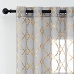 Kotile Moroccan Trellis Curtains for Bedroom - Grey Sheer Grommet Curtains Printed Gold Foil Lattice Curtains 63 Inch Length Moroccan Tile Window Curtains Short, 52 x 63 Inch, 2 Panels, Gray Gold