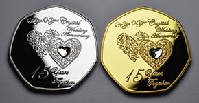 The Commemorative Coin Company Pair of 15th CRYSTAL WEDDING ANNIVERSARY .999 Silver & 24ct Gold Commemoratives with Gemstones. Gift/Present 15 Years Together