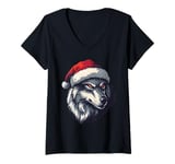 Womens Wolf Santa Hat Xmas Wolf Wild Animals Lover Christmas Pajama V-Neck T-Shirt