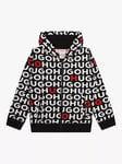 HUGO Kids' All-Over Logo Zip Up Hoodie, Black/Multi