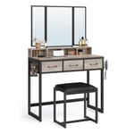 VASAGLE Dressing table with 3-piece folding mirror, hair dryer holder, cosmetic table with padded stool, 3 drawers, industrial design, greige and black, RVT004B02