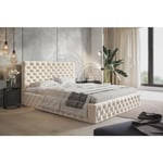 Lit adulte Chesterfield 140x200 Furis - Tiroir de Lit, Tissu Velours, Sommier à Latte - Glamour Lit Double Chambre à coucher (Beige - Amor Velvet