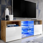 Meuble TV Urbino Komodee - LED bleues - Blanc Brillant et Bois Naturel - Facades en Brillant - 140 x 53 x 35 cm