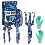 WORKPRO Ensemble d'Outils de Jardinage 4 Pièces, Outils en Acier Inoxydable avec Gants, Sécateur, Truelle de Jardin, Râteau à Main, Idéal pour Taille et Entretien, Cadeaux de Jardinage, Bleu Imprimé