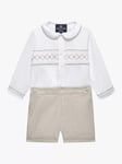 Trotters Baby Rupert Smocked Shirt and Shorts Set, White/Oatmeal