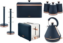 Tower Cavaletto Midnight Blue 8pc Kitchen Set Kettle 2 Slice Toaster Breadbin