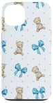 Coque pour iPhone 13 Ruban bleu avec motif à pois et ours en peluche mignons