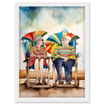 Happy Elderly Couple On Summer Beach Chairs Watercolour Painting Artwork Framed Wall Art Print A4