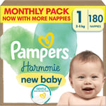 Pampers Harmonie Nappies Size 1, 180 Nappies, 2Kg-5Kg, Gentle Skin Protection Cu