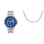 Fossil Montre pour Homme Blue GMT Mouvement 46mm boîtier avec Bracelet en Acier Inoxydable Collier pour Hommes Collier à chaîne en Acier Inoxydable,Longueur : 460mm+50mm, Largeur : 2.8mm