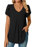 Bestbee Ladies Summer Tops, Dressy Chiffon Blouses Pleated Shirts Petal Short Sleeve Tunic Tops for Women V-Neck Casual T-Shirts, Black, 2XL