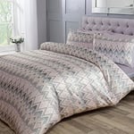 Sleepdown Parure de lit de Luxe avec Housse de Couette et taies d'oreiller Motif Chevrons Jacquard Zigzag Rose Gris Super King (220 x 260 cm)