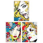 Artery8 Set of 3 Pop Art Women Faces Artworks Comic Book Style Portraits with Patterns Unframed Wall Art Living Room Poster Prints Pack