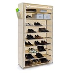 Relaxdays Meuble à chaussures VALENTIN Housse tissu étagère armoire chaussures 10 Étages Dimensions HxLxP 161 x 88 x 30 cm pour 45 paires de chaussures fermeture éclair, Beige