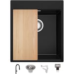 Primagran - Evier Cuisine en Granit Noir 43x50cm, Lavabo 1 bac + Kit de Vidage + Robinet + planche à découper, Évier à Encastrerau meuble 45cm - Oslo