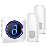 Doorbell, Waterproof Plug in Electric Wireless Door Bells Chime Kit at 1,300ft Long Range with 2 Cordless Battery Operated Buttons, 55 Melodies, 5 Volume Levels and LED Flash Number Display, White