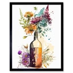 Spring Wildflower Bouquet in a Glass Wine Bottle Art Print Framed Poster Wall Decor 12x16 inch