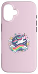 Coque pour iPhone 16 Licorne ludique volant à travers le ciel étoilé avec arc-en-ciel