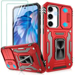 Jshru for Samsung S24 Plus Case with Screen Protector [2 Pack] and Slide Camera Cover,S24 Plus Shockproof Bumper Phone Case,Ring Kickstand Phone Cover for Samsung Galaxy S24 Plus,Red