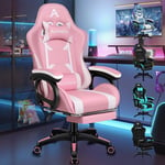 ALFORDSO Racing Gaming Chair Fauteuil de Gamer de Massage Chaise de Gamer Ergonomique avec Appui-tête, Repose-Pieds et Coussin Lombaire de Massage, Chaise de Gaming Rembourrée, Cuir PU, Rose