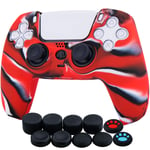 YoRHa Silicone Thickened Cover Skin Case for Sony PS5 Dualsense Controller x 1(Camouflage Red) with Thumb Grips x 10