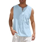 Herr medeltida renässans Viking Pirate Linne Skjortor Casual Ärmlösa snörning Beach Hippie Toppar Light Blue M