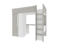 Lit mezzanine 90 x 200 cm avec armoire et bureau - Naturel grisé et blanc - NICOLAS