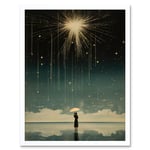 Falling Star Rain Dreamy Artwork Bright Star Wish Woman with Umbrella Fairytale Dreamscape Art Print Framed Poster Wall Decor 12x16 inch