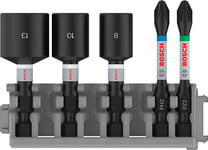 Bosch Accessories Professional 5 pièces Pack d'Embouts de Vissage und et Clé à Douille (Impact Control, PZ/PH Bits, Longueur 50mm, Pick and Click, Accessoires de visseuse à percussion) 2608522350