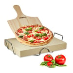 Relaxdays Ensemble de pierre à pizza de 5 cm d'épaisseur avec support en métal et poussoir à pizza en bois HWD : 30x38x5 cm