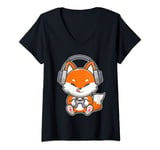 Womens Gaming Cute Kawaii Fox with Headphones Gamer Videogame Boys V-Neck T-Shirt