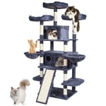 VEVOR Arbre à chat, 174 cm, tour d'escalade à chats avec griffoir en sisal, 2 niches, hamacs, perchoirs supérieurs, plates-formes de saut, rampe, balles suspendues, pour activité intérieur, gris foncé