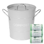 Light Grey Compost Caddy & 150x 6L Biobags - Kitchen Compost Bin - Metal Pail