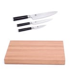 KAI Ensemble Planche à découper/Couteau - Planche à découper en chêne clair avec pieds en caoutchouc antidérapants - couteau de bureau 9 cm, couteau utilitaire 15 cm, Santoku 18 cm