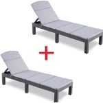 Lot de 2 Bain de Soleil - Chaise Longue Jardin Exterieur - Résine Imitation rotin tressé - Coussin - Dossier réglable (avec Coussin)