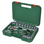 Bosch Set de 57 cliquets 1/4" + 1/2" (pour divers bricolages ; 55 accessoires ; couple élevé ; bouton de verr; inverseur ; manche courbé ; Softgrip ; coffret de transport)