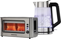 Daewoo 1.7L 3000W Matching Glass Kettle and Toaster Set 2 Slice Stainless Steel