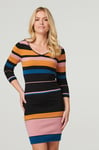 Izabel London Womens Black Striped 3/4 Sleeve Knit Dress - Size 16 UK