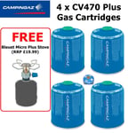 Campingaz CV470 Gas Cartridge 4 Pack - FREE Bleuet Micro Stove