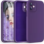 Kit De Protection 3-En-1 Pour Iphone 12 Avec Coque Liquide Antichoc, Verre Trempé Et Protection D'objectif, En Violet Intense.